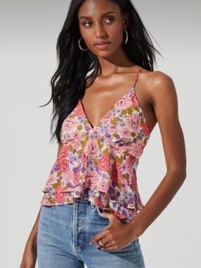 ASTR the Label Pink Floral Tiered Spaghetti Strap Tank Top Open Back Ruffles